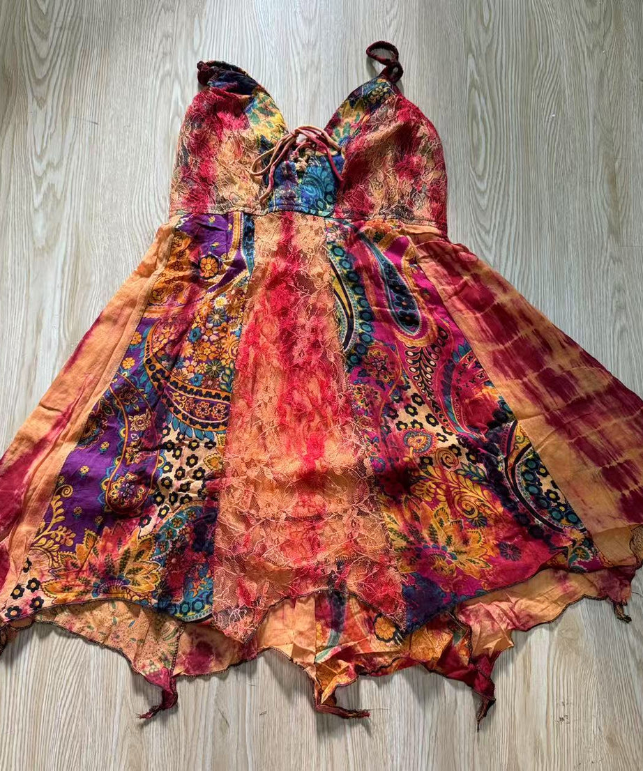 Enchanted Forest Boho Cami Mini Dress - Handkerchief Hem & Paisley Print for Fall Vacations & Resort Style