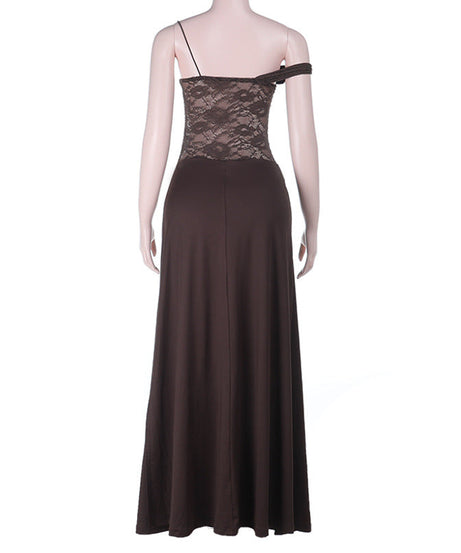 Allure & Elegance: Espresso Lace One-Shoulder High Slit Maxi Dress – Your Perfect Fall & Holiday Gala Gown