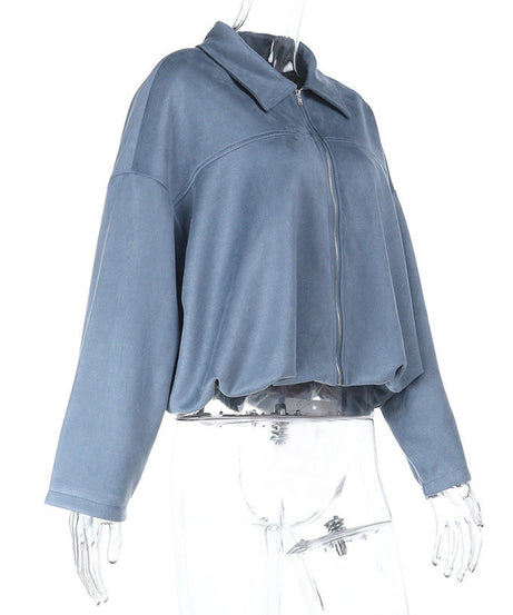 Effortless Chic Dusty Blue Velour-Feel Cropped Zip Jacket – Your Go-To Fall Layering Essential