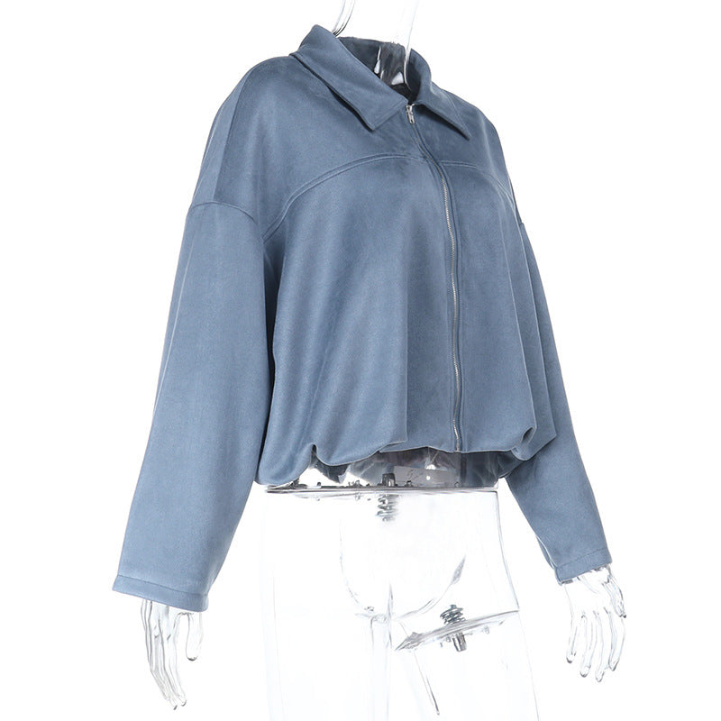 Effortless Chic Dusty Blue Velour-Feel Cropped Zip Jacket – Your Go-To Fall Layering Essential