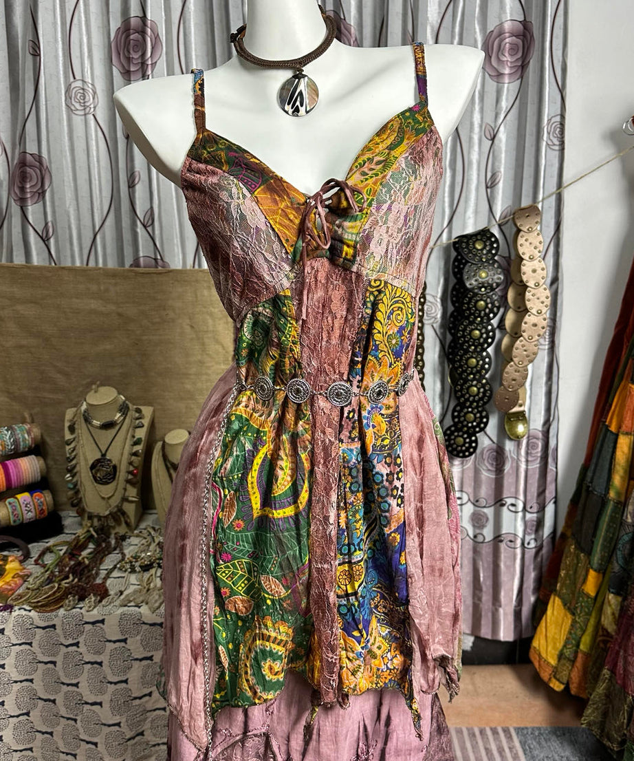 Enchanted Forest Boho Cami Mini Dress - Handkerchief Hem & Paisley Print for Fall Vacations & Resort Style