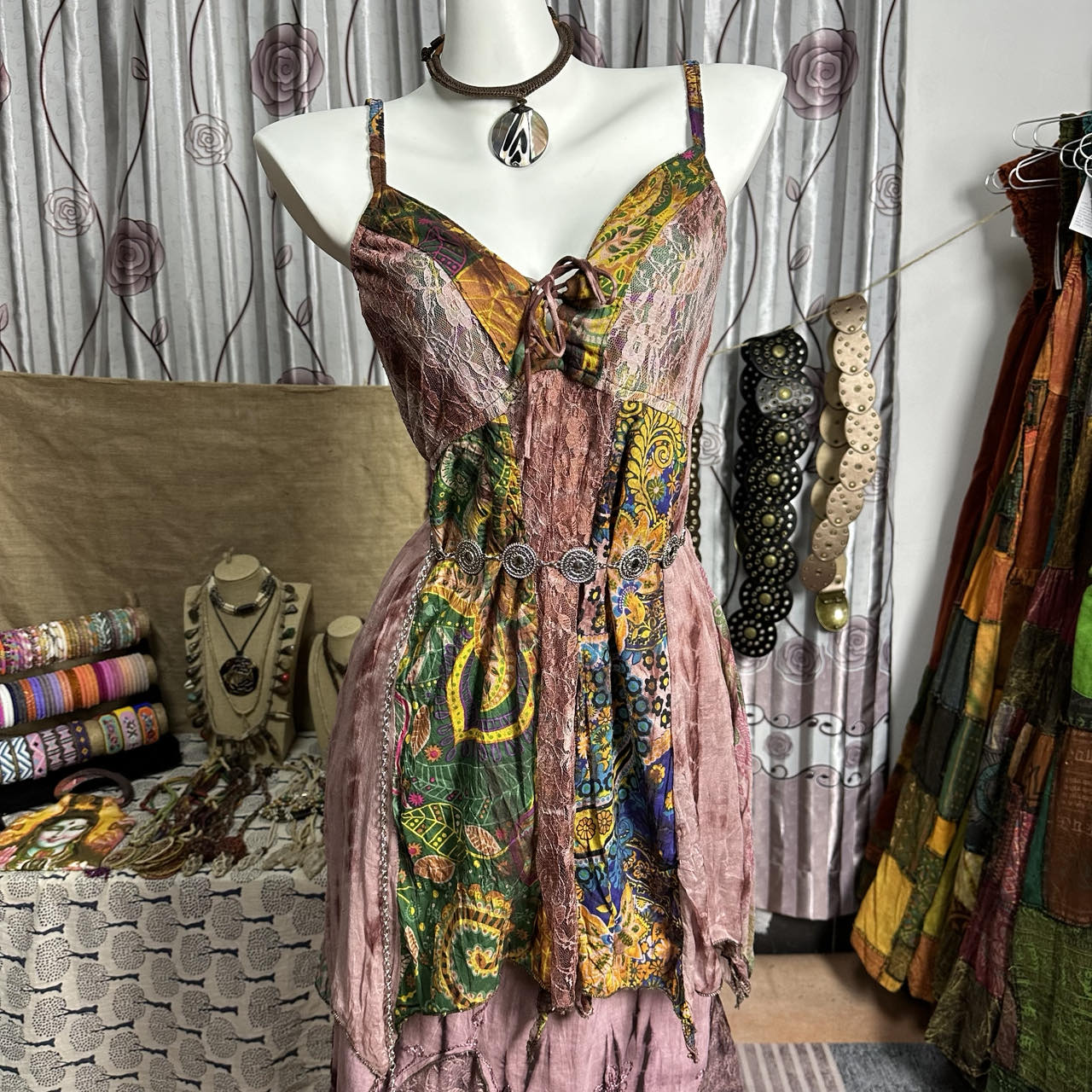 Enchanted Forest Boho Cami Mini Dress - Handkerchief Hem & Paisley Print for Fall Vacations & Resort Style