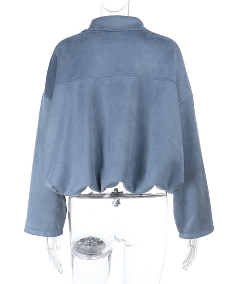Effortless Chic Dusty Blue Velour-Feel Cropped Zip Jacket – Your Go-To Fall Layering Essential