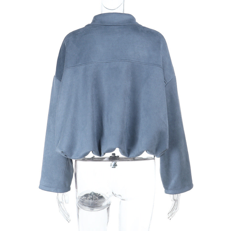 Effortless Chic Dusty Blue Velour-Feel Cropped Zip Jacket – Your Go-To Fall Layering Essential