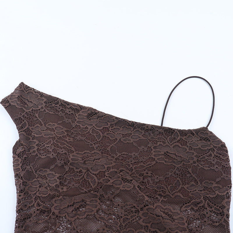 Allure & Elegance: Espresso Lace One-Shoulder High Slit Maxi Dress – Your Perfect Fall & Holiday Gala Gown