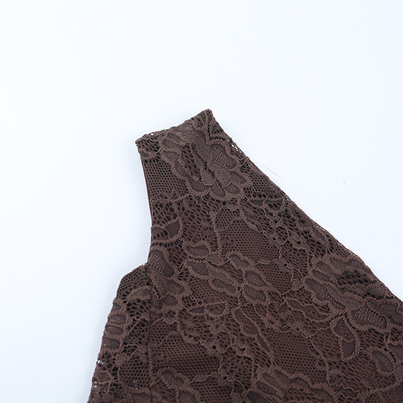 Allure & Elegance: Espresso Lace One-Shoulder High Slit Maxi Dress – Your Perfect Fall & Holiday Gala Gown