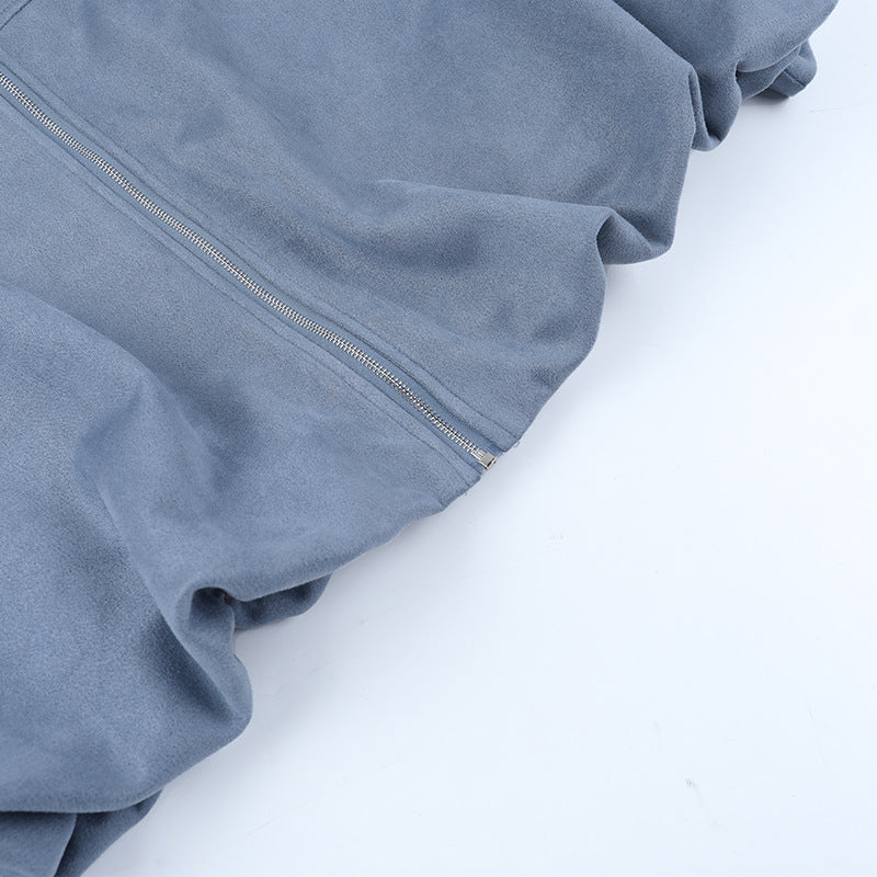 Effortless Chic Dusty Blue Velour-Feel Cropped Zip Jacket – Your Go-To Fall Layering Essential