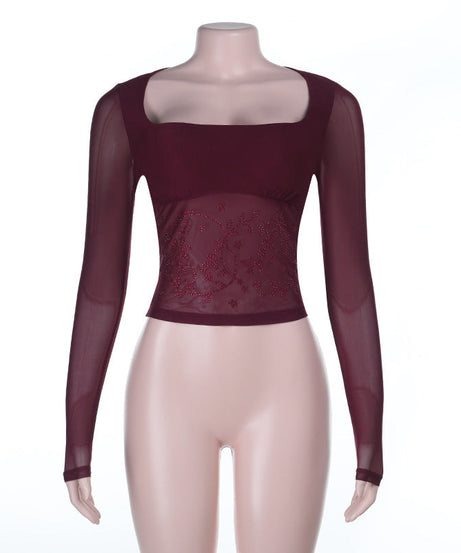 Fall & Holiday Glam: Burgundy Beaded Mesh Square Neck Long Sleeve Top