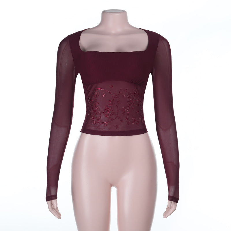 Fall & Holiday Glam: Burgundy Beaded Mesh Square Neck Long Sleeve Top