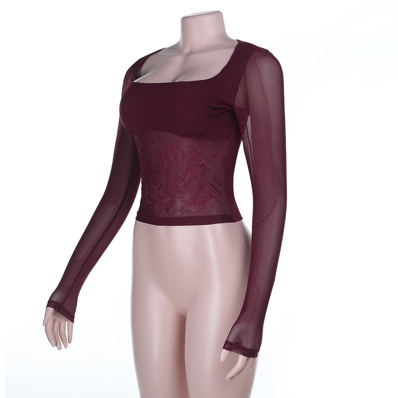 Fall & Holiday Glam: Burgundy Beaded Mesh Square Neck Long Sleeve Top