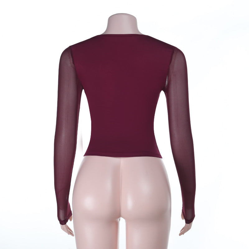 Fall & Holiday Glam: Burgundy Beaded Mesh Square Neck Long Sleeve Top