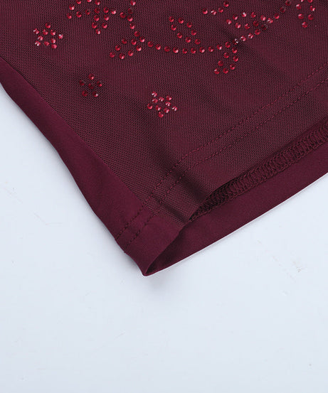 Fall & Holiday Glam: Burgundy Beaded Mesh Square Neck Long Sleeve Top