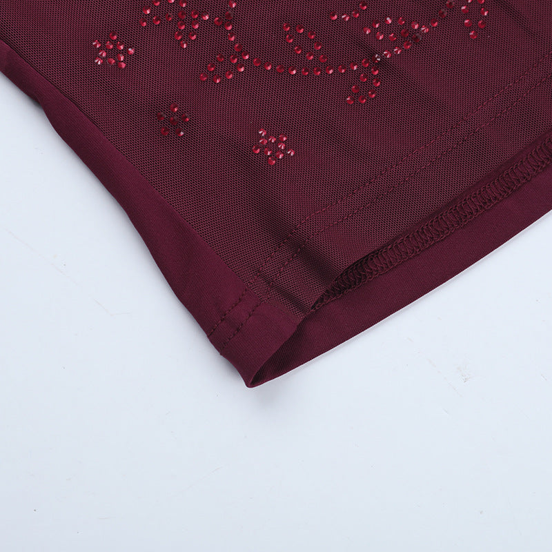 Fall & Holiday Glam: Burgundy Beaded Mesh Square Neck Long Sleeve Top