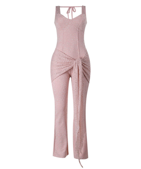 Blush Lace Halter Jumpsuit with Draped Waist - Your Chic Holiday & Party Statement
