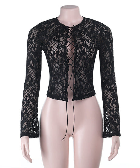 Alluring Black Lace Tie-Front Top - Edgy Chic for Fall & Halloween Nights