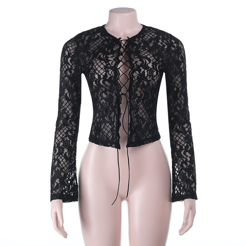 Alluring Black Lace Tie-Front Top - Edgy Chic for Fall & Halloween Nights