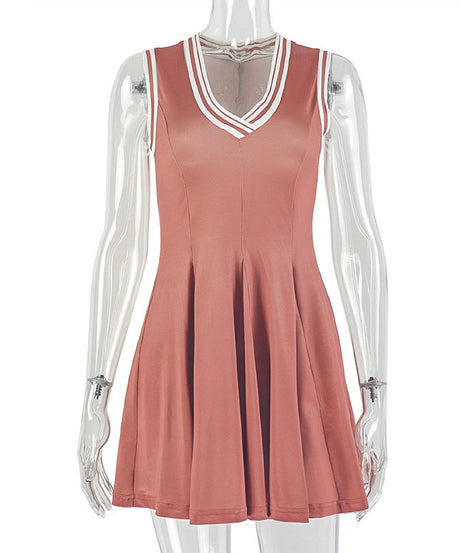 Sporty Chic Terracotta V-Neck Mini Dress | Pleated Skater Style with Contrast Stripes for Fall