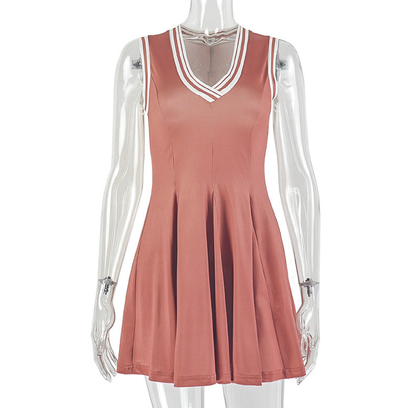 Sporty Chic Terracotta V-Neck Mini Dress | Pleated Skater Style with Contrast Stripes for Fall
