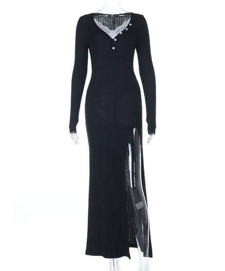 Chic Black Ribbed Maxi Dress: Lace V-Neck, High Slit & Long Sleeves for Fall & Holiday Style