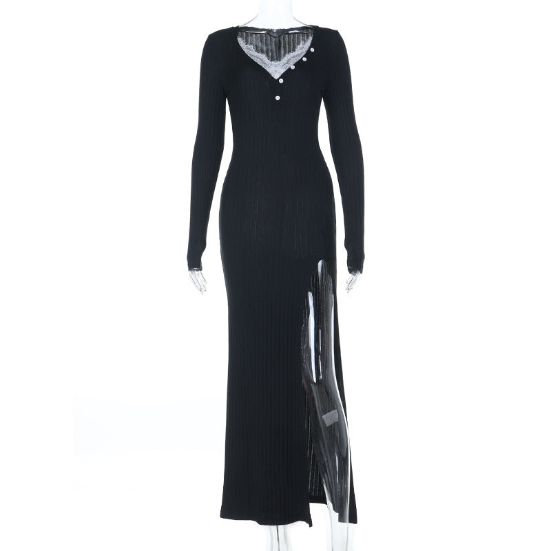 Chic Black Ribbed Maxi Dress: Lace V-Neck, High Slit & Long Sleeves for Fall & Holiday Style