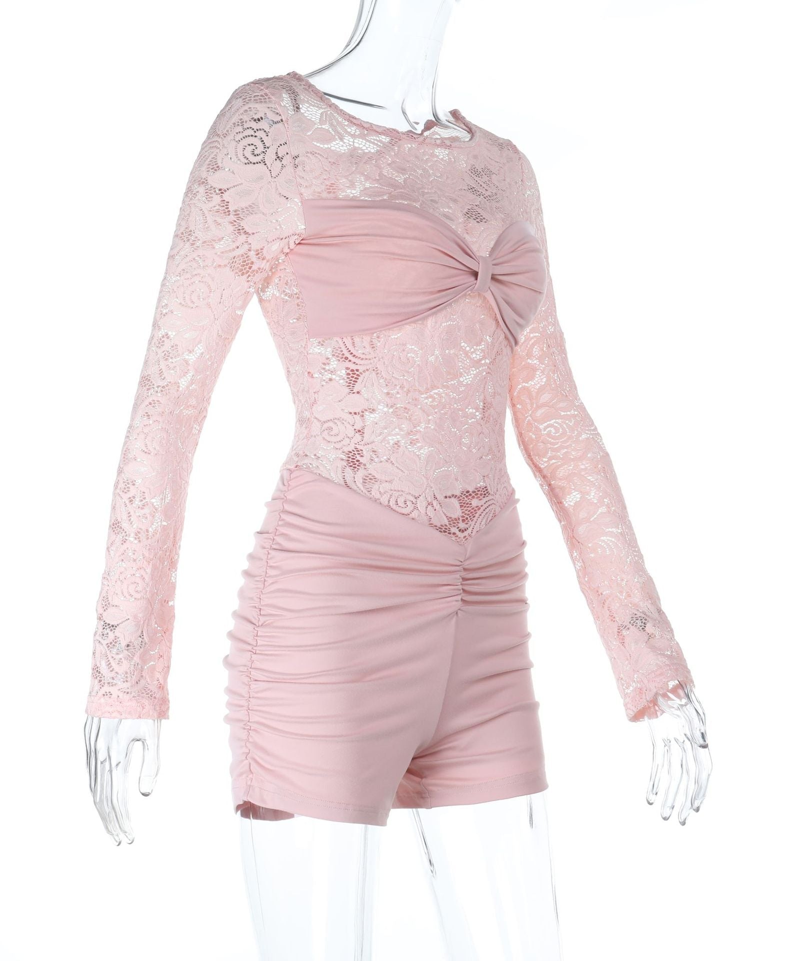 Blush Pink Lace & Ruched Romper | Long Sleeve Holiday Party & Date Night Chic