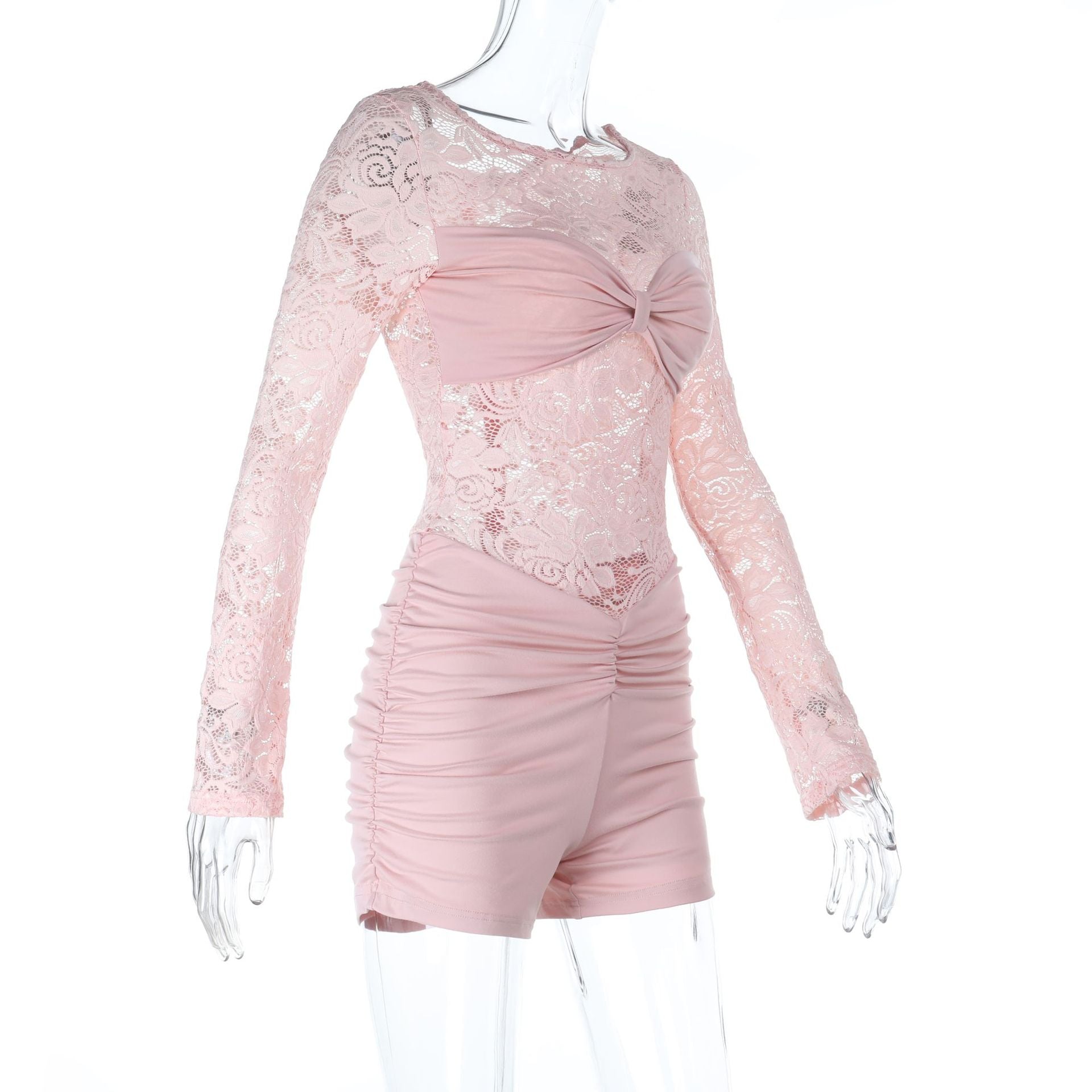 Blush Pink Lace & Ruched Romper | Long Sleeve Holiday Party & Date Night Chic