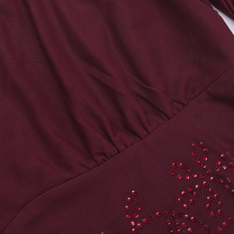 Fall & Holiday Glam: Burgundy Beaded Mesh Square Neck Long Sleeve Top
