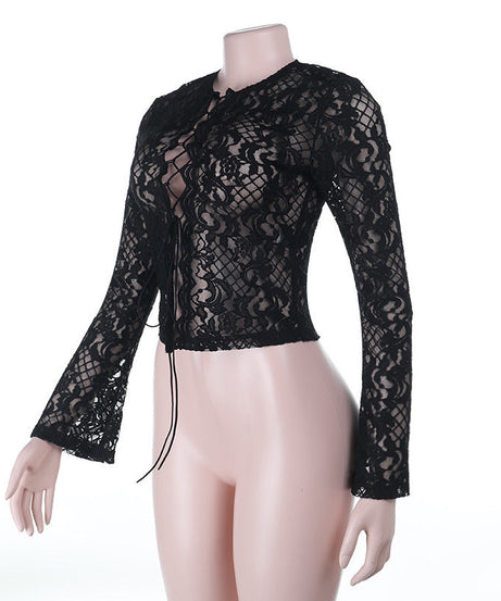 Alluring Black Lace Tie-Front Top - Edgy Chic for Fall & Halloween Nights