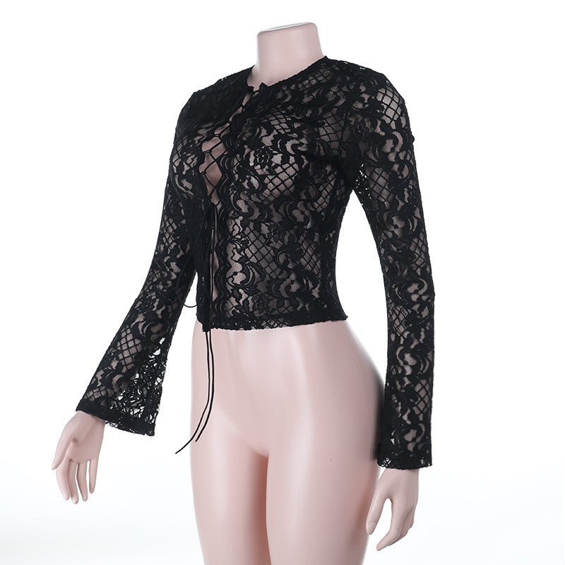 Alluring Black Lace Tie-Front Top - Edgy Chic for Fall & Halloween Nights