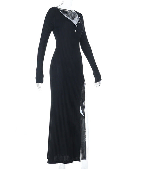 Chic Black Ribbed Maxi Dress: Lace V-Neck, High Slit & Long Sleeves for Fall & Holiday Style