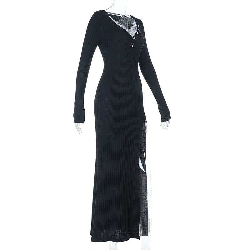 Chic Black Ribbed Maxi Dress: Lace V-Neck, High Slit & Long Sleeves for Fall & Holiday Style