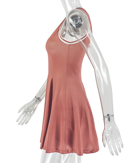 Sporty Chic Terracotta V-Neck Mini Dress | Pleated Skater Style with Contrast Stripes for Fall