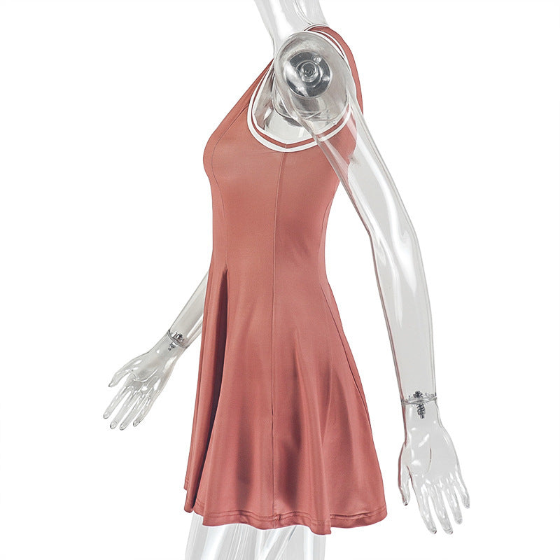 Sporty Chic Terracotta V-Neck Mini Dress | Pleated Skater Style with Contrast Stripes for Fall