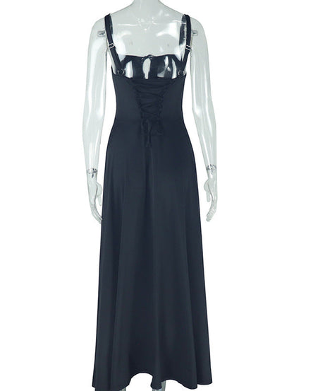 Effortless Elegance: Black Self-Tie Cami Maxi Dress | Your Go-To for Fall Evenings & Holiday Gatherings