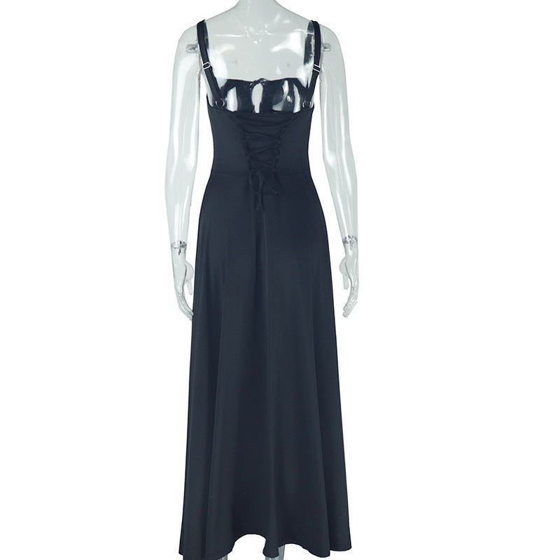 Effortless Elegance: Black Self-Tie Cami Maxi Dress | Your Go-To for Fall Evenings & Holiday Gatherings