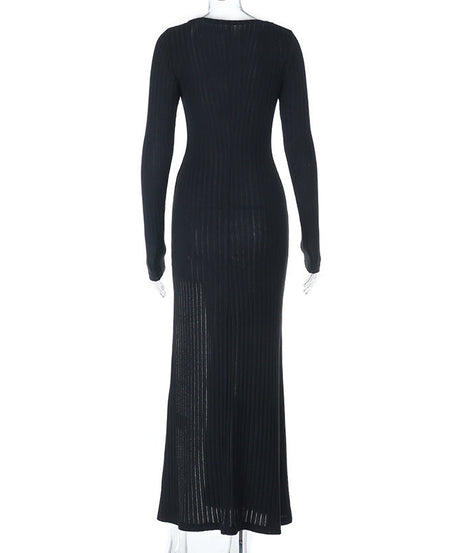 Chic Black Ribbed Maxi Dress: Lace V-Neck, High Slit & Long Sleeves for Fall & Holiday Style