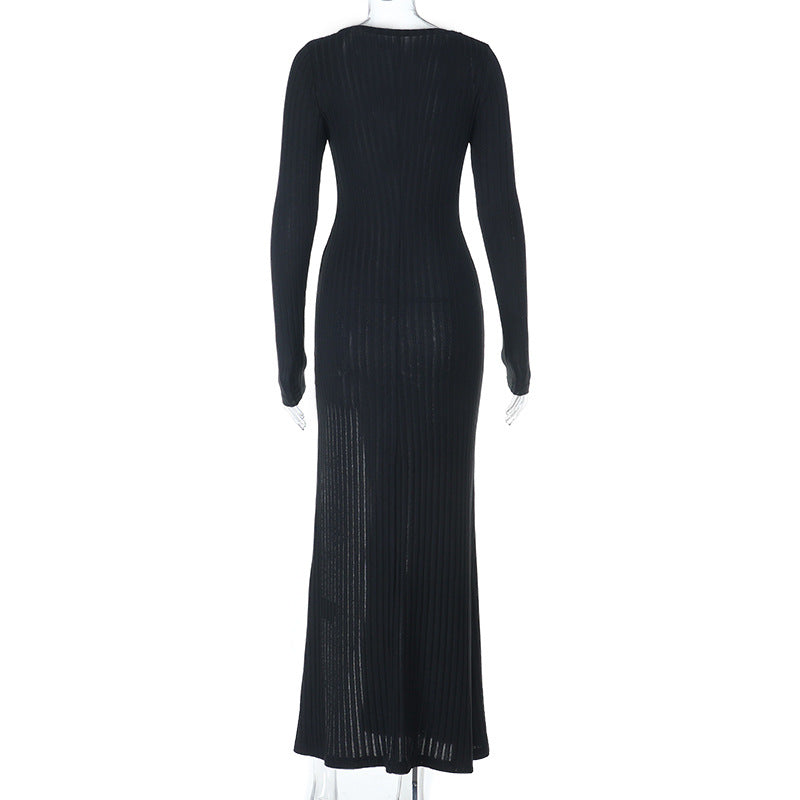 Chic Black Ribbed Maxi Dress: Lace V-Neck, High Slit & Long Sleeves for Fall & Holiday Style