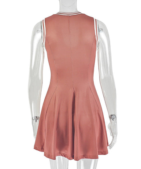 Sporty Chic Terracotta V-Neck Mini Dress | Pleated Skater Style with Contrast Stripes for Fall