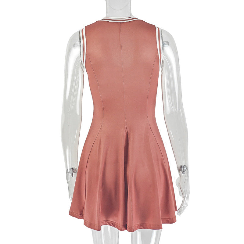 Sporty Chic Terracotta V-Neck Mini Dress | Pleated Skater Style with Contrast Stripes for Fall