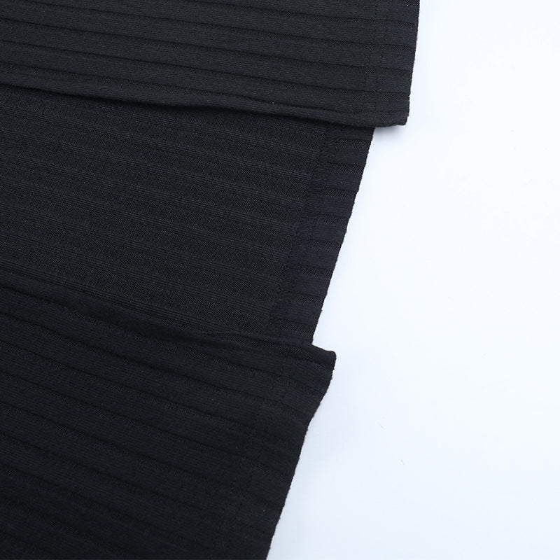 Chic Black Ribbed Maxi Dress: Lace V-Neck, High Slit & Long Sleeves for Fall & Holiday Style