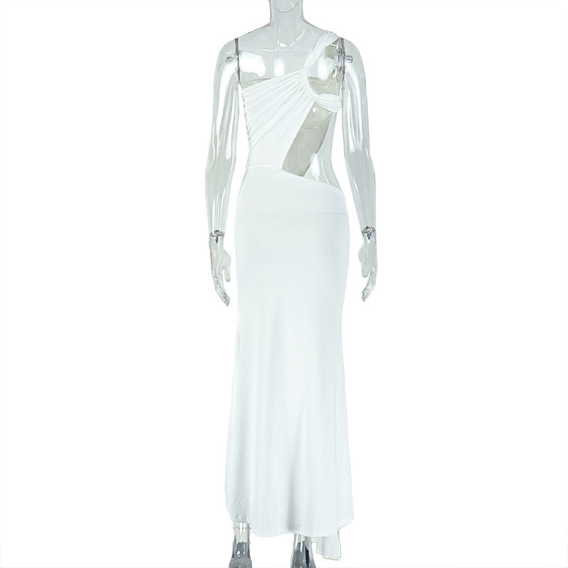 Radiant White One-Shoulder Cutout Maxi Dress - Chic Ruched Gown for Holiday Parties & Winter Getaways