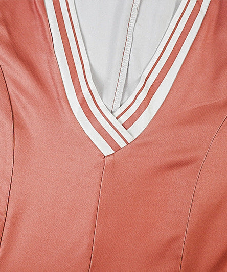 Sporty Chic Terracotta V-Neck Mini Dress | Pleated Skater Style with Contrast Stripes for Fall