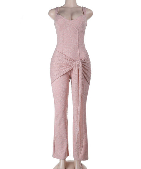 Blush Lace Halter Jumpsuit with Draped Waist - Your Chic Holiday & Party Statement