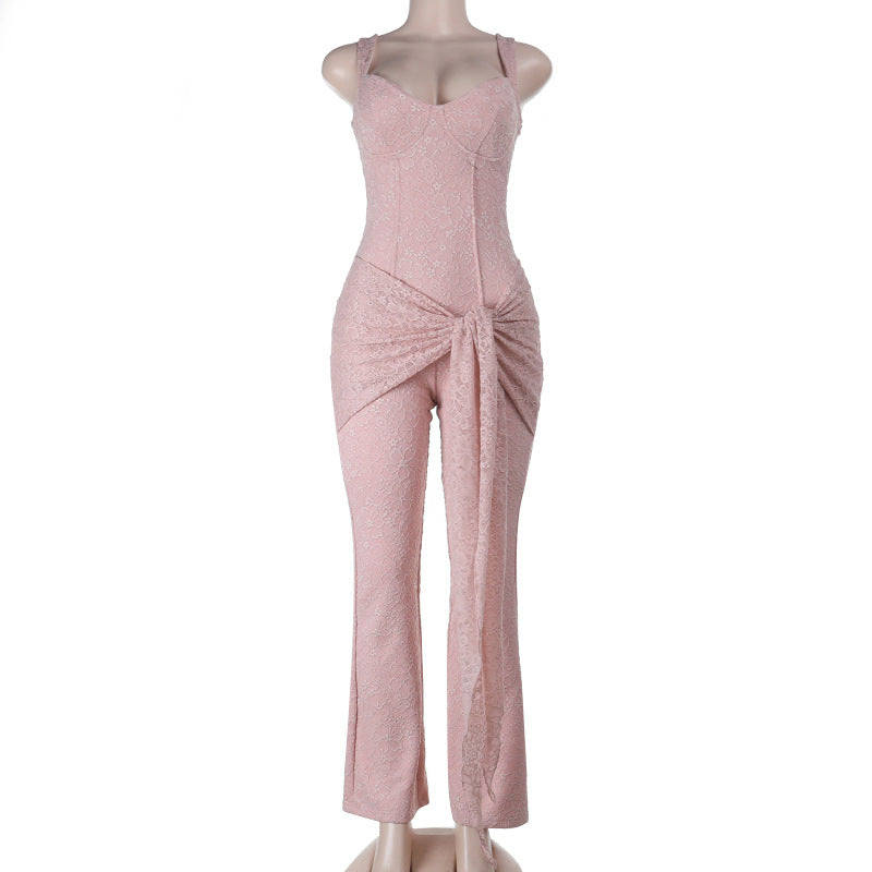 Blush Lace Halter Jumpsuit with Draped Waist - Your Chic Holiday & Party Statement