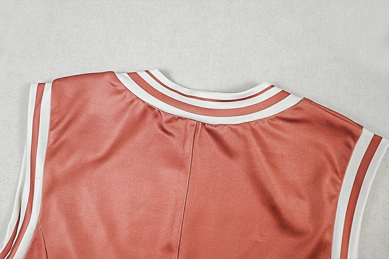 Sporty Chic Terracotta V-Neck Mini Dress | Pleated Skater Style with Contrast Stripes for Fall