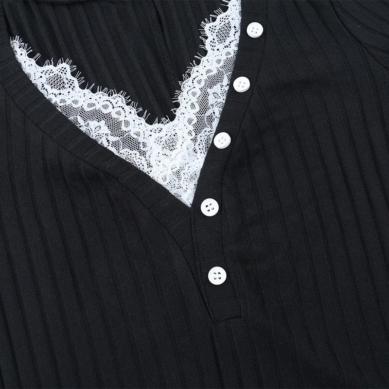 Chic Black Ribbed Maxi Dress: Lace V-Neck, High Slit & Long Sleeves for Fall & Holiday Style