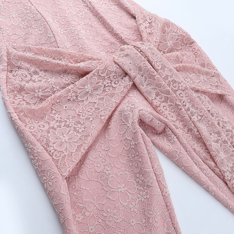 Blush Lace Halter Jumpsuit with Draped Waist - Your Chic Holiday & Party Statement