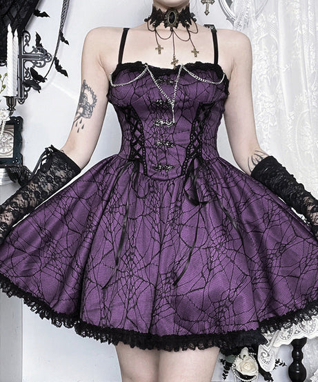 Bewitching Purple Spiderweb Goth Mini Dress - Halloween Party & Beyond