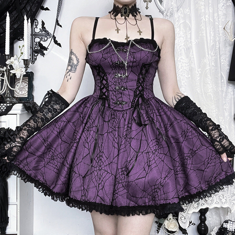 Bewitching Purple Spiderweb Goth Mini Dress - Halloween Party & Beyond