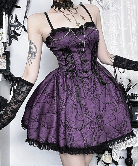 Bewitching Purple Spiderweb Goth Mini Dress - Halloween Party & Beyond